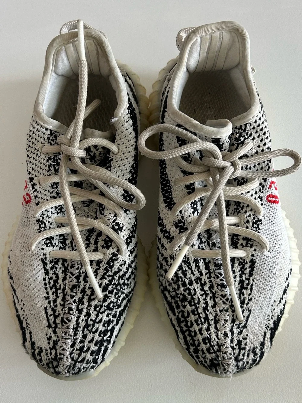 adidas Women’s Zebra Knit Sneakers with Cream Sole and Red Accent